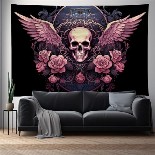 OaKita Totenkopf Wandteppich Bunt Schädel Druck Wandteppiche Halloween Skelett Wandteppiche Tapisserie Skelett Dekoration für Schlafzimmer Wohnzimmer (A02,230 x 180 cm) von OaKita