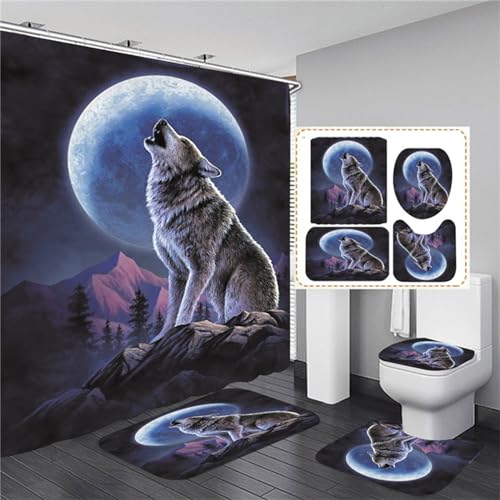 OaKita Wolf Duschvorhang 4 Stück Wolf Motiv Duschvorhang-Sets Wasserdichter Stoff Badezimmer-Dekor mit rutschfestem WC-Deckelbezug, mit 12 Haken (Wolf #01,180 x 200 cm) von OaKita