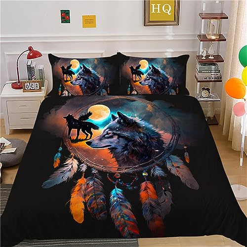 OakiTa Wolf Traumfänger Bettwäsche-Set Dream Catcher Wolf Theme Muster Bettbezug,100% Mikrofaser Bettwäsche-Sets 3Teilig,mit Reißverschluss (A01,135x200cm/80x80cm) von OakiTa