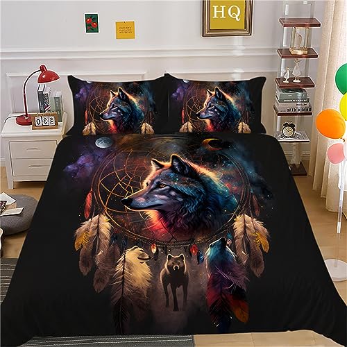 OakiTa Wolf Traumfänger Bettwäsche-Set Dream Catcher Wolf Theme Muster Bettbezug,100% Mikrofaser Bettwäsche-Sets 3Teilig,mit Reißverschluss (A09,220x240cm/80x80cm) von OakiTa
