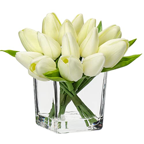 14 Tulpen Künstliche Tulpenblumen Kunstblumen Kunstblumen Echtes Gefühl, künstliche Latex-Tulpen in Glasvase Dekoration für Hochzeitsdekoration, Innen und Außen, Küche, Büro, Heimdekoration, Beige von Oairse