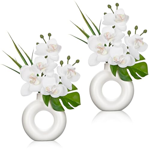 2er-Set Mini Kunstpflanze Orchideen Kunstblumen mit Keramik Donut Vase Künstliche Deko Blumen Kunstblumen Wie Echt Mit Real-Touch Blüten im Keramiktopf Tischdeko Fensterbank Deko, Weiß von Oairse