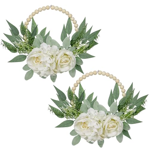 2er-Set Türkranz Künstlich Hortensien Rose Blumen Holzring Modern Deko Blumenkranz, Wandkranz Frühlingskranz für Hochzeit Wohnzimmer Wanddeko Frühling Fensterdeko, Weiß von Oairse