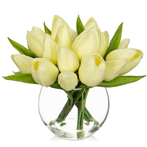Oairse 14er-Set Künstliche Tulpen mit transparenten Glass Vase, künstliche Tulpen, fühlen Sich echt an, Kunsttulpen-Blumenstrauß-Arrangement für Zuhause, Büro, Hochzeit, Esstisch, Creme von Oairse