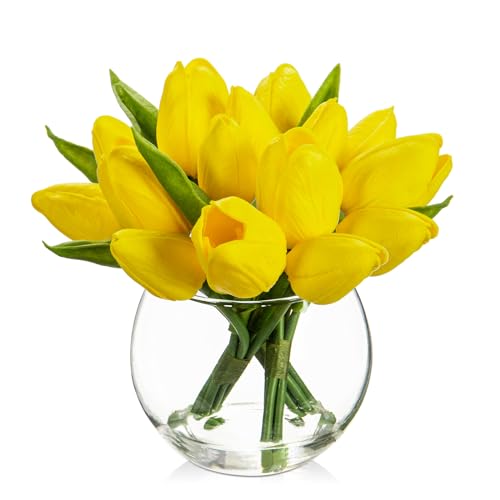 Oairse 14er-Set Künstliche Tulpen mit transparenten Glass Vase, künstliche Tulpen, fühlen Sich echt an, Kunsttulpen-Blumenstrauß-Arrangement für Zuhause, Büro, Hochzeit, Esstisch, Gelb von Oairse