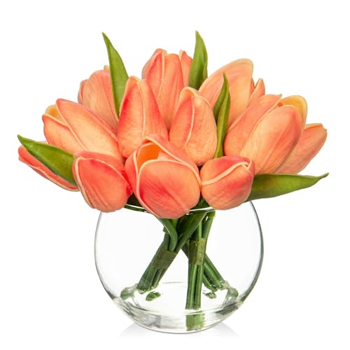 Oairse 14er-Set Künstliche Tulpen mit transparenten Glass Vase, künstliche Tulpen, fühlen Sich echt an, Kunsttulpen-Blumenstrauß-Arrangement für Zuhause, Büro, Hochzeit, Esstisch, Peach Rosa von Oairse