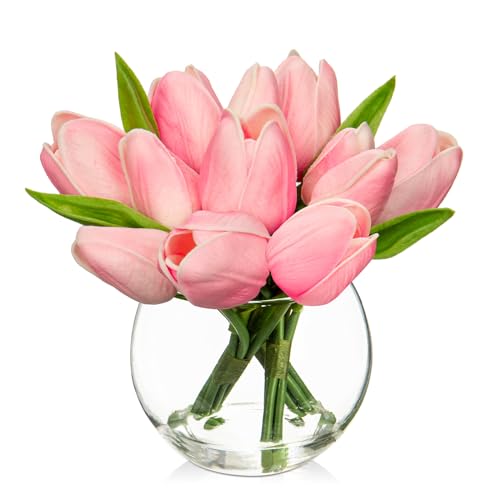 Oairse 14er-Set Künstliche Tulpen mit transparenten Glass Vase, künstliche Tulpen, fühlen Sich echt an, Kunsttulpen-Blumenstrauß-Arrangement für Zuhause, Büro, Hochzeit, Esstisch, Rosa von Oairse