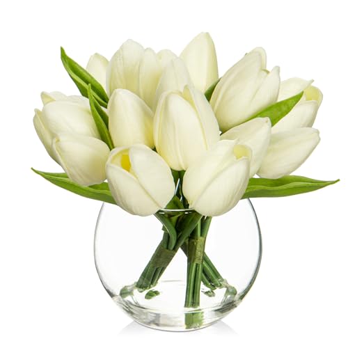 Oairse 14er-Set Künstliche Tulpen mit transparenten Glass Vase, künstliche Tulpen, fühlen Sich echt an, Kunsttulpen-Blumenstrauß-Arrangement für Zuhause, Büro, Hochzeit, Esstisch, Weiß von Oairse