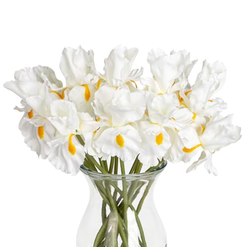 Oairse 15er-Set Kunstblumen Künstliche Lila Irisblüten Künstliche Blumen Deko Seidenblumen für DIY Hochzeit Blumenstrauß Party Tisch Centerpieces Blumenarrangements und Home Frühling Dekoration, Weiß von Oairse