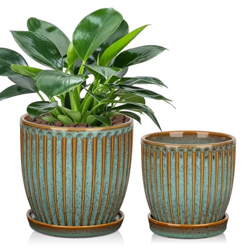 Oairse 2er-Set Keramik Gerippter Übertopf, Blumentöpfe mit Drainageloch-Untersetzern für Zimmerpflanzen, Retro-Dekoration für Gartenbehälter-Sets im Freien, Durchmesser Öffnung 15cm/13cm, Dunkelblau Oairse 2er-Set Keramik Gerippter Übertopf, Blumentöpfe mit Drainageloch-Untersetzern für Zimmerpflanzen, Retro-Dekoration für Gartenbehälter-Sets im Freien, Durchmesser Öffnung 15cm/13cm, Dunkelblau von Oairse
