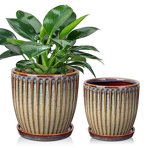 Oairse 2er-Set Keramik Gerippter Übertopf, Blumentöpfe mit Drainageloch-Untersetzern für Zimmerpflanzen, Retro-Dekoration für Gartenbehälter-Sets im Freien, Durchmesser Öffnung 15cm/13cm, Braun von Oairse