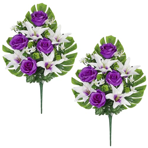 Oairse 2er-Set Künstliche Grabblume Grabschmuck mit künstlichen Chrysantheme und Lilien Aufleger Kunstblume Grabdekoration für Grabdekoration Friedhofsgesteck Friedhofsdeko Trauerdeko Blüten von Oairse