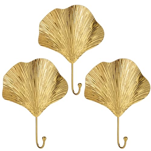 Oairse 3PCS Dekorative Garderobenhaken Gold Kleiderhaken Vintage Wandhaken Garderobe in Ginkgo Biloba-Form für Jacken, Schals, Taschen, Rucksäcke, Handtücher und Mehr, Retro Shabby Chic Landhausstil von Oairse