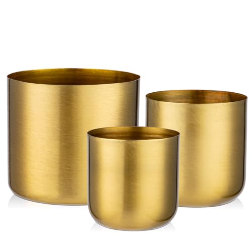 Oairse 3er Set Blumentöpfe aus verzinktem Stahl perfekt für Moderne Dekoration und Pflanztöpfe, Dekorativen Zink Töpfen drinnen und draußen, Gold von Oairse