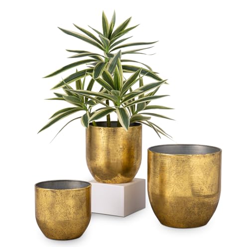 Oairse 3er Set Blumentöpfe aus verzinktem Stahl perfekt für Moderne Dekoration und Pflanztöpfe, Dekorativen Zink Töpfen drinnen und draußen,16.5cm/13.5cm/12cm, Metallgold von Oairse