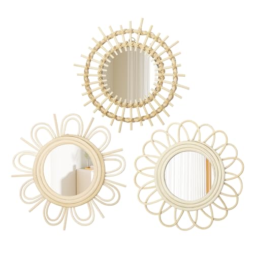 Oairse 3er-Set Wandspiegel Spiegel Soleil Moderner Boho Deko Spiegel mit Metallhaken Boho Deko Wanddeko Flurspiegel Wandbehang Dekorativer Spiegel für Badezimmer, Eingang, Wohnzimmer, Schlafzimmer von Oairse