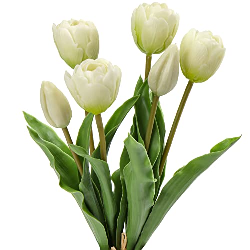 Oairse 4 Tulpen und 2 Tulpenknospen Kunstblumen Echtes Gefühl, künstliche Latex-Tulpen, Blumensträuße, Tischarrangements, Geschenk für Zuhause, Büro, Party, Hochzeit, Geburtstag, Garten, Weiß von Oairse