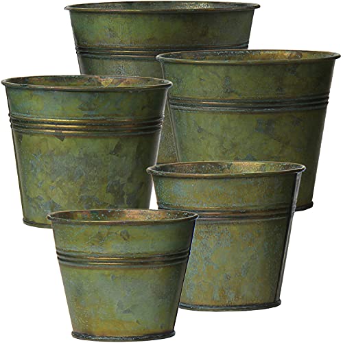Oairse 5er Set Pflanztöpfe Outdoor Verzinkt Pflanzgefäß Garten Pflanzgefäße Metall Pflanztöpfe Vintage Zink Runder Eimer Blumentopf Rustikaler Behälter für Pflanze oder Deko Zuhause Modern Bauernhaus von Oairse