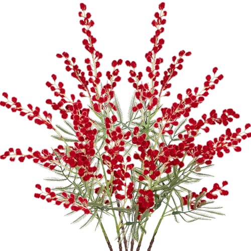 Oairse 6PCS Kunstblumen Künstliche Gelbe Mimose Spray Kirsche Seide Gefälschte Blume für Hochzeit Heimdekoration Esstisch, Schlafzimmer Dekoration, Rot von Oairse