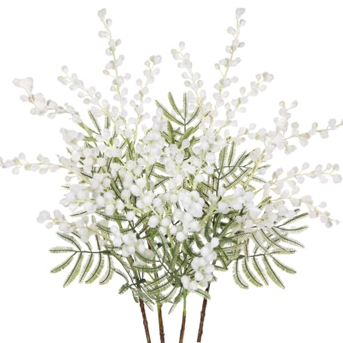Oairse 6PCS Kunstblumen Künstliche Gelbe Mimose Spray Kirsche Seide Gefälschte Blume für Hochzeit Heimdekoration Esstisch, Schlafzimmer Dekoration, Weiß von Oairse
