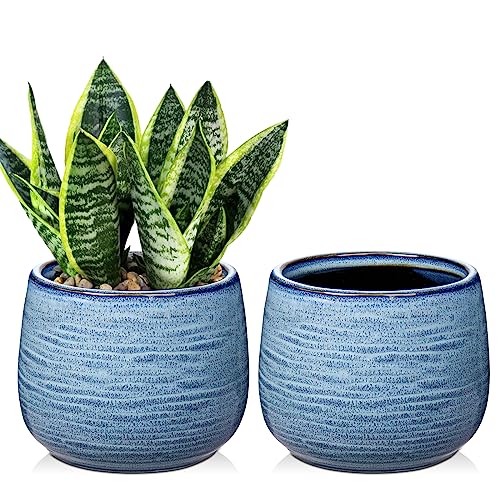 Oairse Durchmesser 13,5 cm 2er-Set Keramik Übertopf, Blumentöpfe mit Drainageloch-Silikonstopfen für Zimmerpflanzen, Retro-Dekoration für Gartenbehälter-Sets im Freien, Blau von Oairse