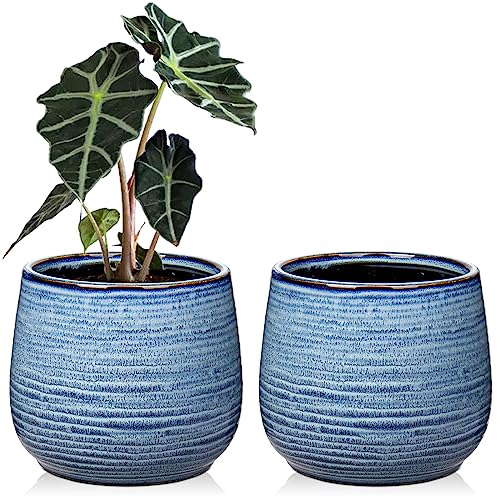 Oairse Durchmesser 15 cm 2er-Set Keramik Übertopf, Blumentöpfe mit Drainageloch-Silikonstopfen für Zimmerpflanzen, Retro-Dekoration für Gartenbehälter-Sets im Freien, Blau von Oairse