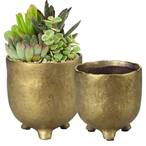 Oairse Gold Blumentopf Keramik, Keramik-Gold-Pflanzgefäße für Zimmerpflanzen, Set mit 2 kleinen Sukkulenten-Töpfen mit Beinen, Blumentöpfe für Schlangenpflanzen, Kräuter im Innenbereich, 14 cm/11 cm von Oairse