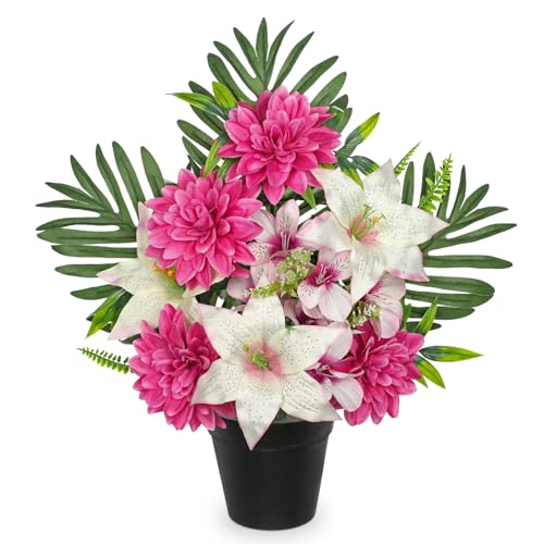 Oairse Künstliche Friedhofsblumen im Topf Grabschmuck mit künstlichen Chrysantheme und Lilien Aufleger Kunstblume Grabdekoration für Grabdekoration Friedhofsgesteck Friedhofsdeko Trauerdeko Blüten von Oairse