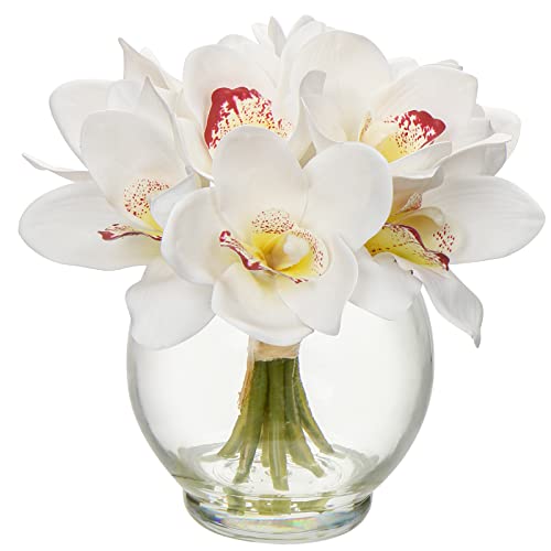 Oairse Kunstblumen Cymbidium in Glasvase mit künstlichen Wasser Künstliche Deko Blumen Kunstblumen Wie Echt Mit Real-Touch Blüten Tischdeko Fensterbank Deko, Weiss von Oairse