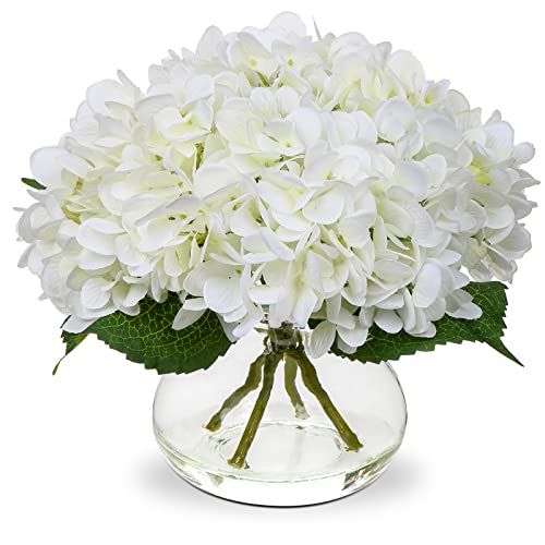 Oairse Kunstblumen mit 4 Hortensien in Glasvase Künstliche Hortensienblüten 3D-Druck Real Touch Künstliche Blumen wie echte Hortensien für Hochzeit, Zuhause, Hotel, Party, Blumenarrangement von Oairse