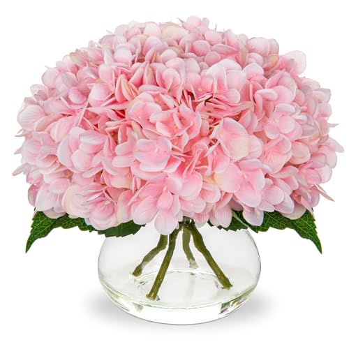 Oairse Kunstblumen mit 4 Hortensien in Glasvase Künstliche Hortensienblüten 3D-Druck Real Touch Künstliche Blumen wie echte Hortensien für Hochzeit, Zuhause, Hotel, Party, Blumenarrangement von Oairse