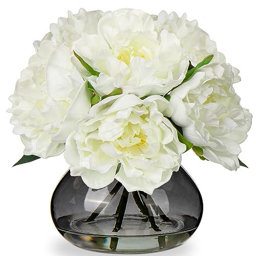 Oairse Kunstblumen mit 6 Pfingstrose in Glasvase Pfingstrose künstlich 3D-Druck Real Touch Künstliche Blumen wie echte Pfingstrose für Hochzeit, Zuhause, Hotel, Party, Blumenarrangement von Oairse