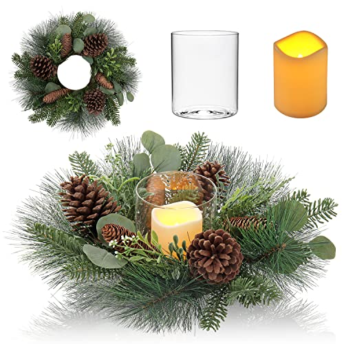 Oairse Ø46cm Kunstpflanzenkranz mit flammenloser LED-Kerze und Glashalter, Weihnachtskerzenkranz für Tischdekoration, für Weihnachtsdekorationen für Indoor und Outdoor Christmas Thanksgiving von Oairse