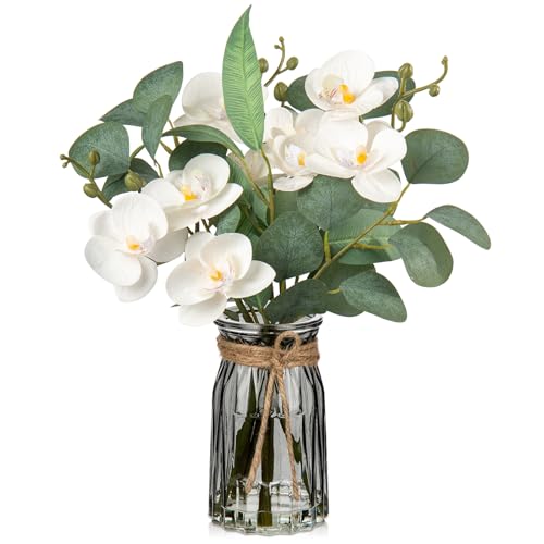 Orchideen Kunstblumen mit Künstlicher Eukalyptus Blätter in Glasvase mit Künstlichen Wasser Künstliche Deko Blumen Kunstblumen Wie Echt Mit Real-Touch Blüten Tischdeko Fensterbank Deko von Oairse