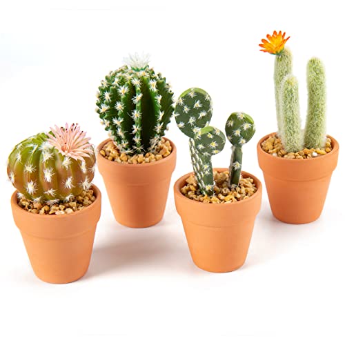 Set mit 4 Kunstpflanze Kakteen in Terrakotta-Töpfen, kleine Steine füllen Mini dekorative künstliche Sukkulenten im Topf Kunstblumen für Home Office Raumdekoration von Oairse
