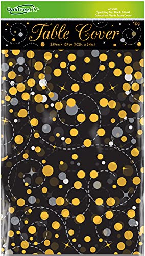Oaktree Sparkling Fizz Kunststoff-Tischdecke, farbecht, 137 cm x 2,6 m, Schwarz / goldfarben von OakTree