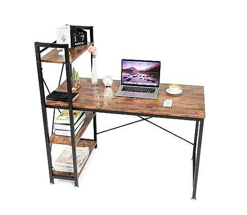 Oak & Tea Computertisch, Schreibtisch mit 4-stufigen DIY-Lagerregalen Links oder rechts, 120 * 60 * 122 cm Arbeitstisch für Büro-Wohnzimmer, Stahlrahmen von Oak & Tea