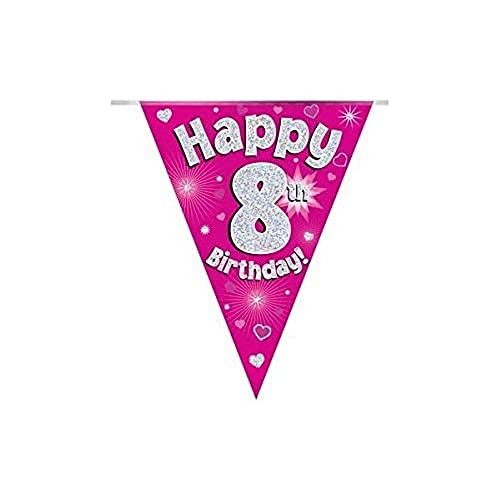 OAKTREE UK 630567 Party-Wimpelkette "Happy 8th Birthday", Rosa, holografisch, 11 Flaggen, 3,9 m von OakTree
