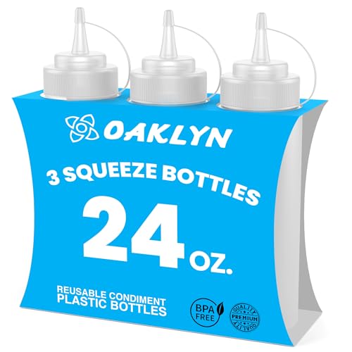 Oaklyn (Set of 3) 590ml Plastic Squeeze Bottles with Screw Caps - Perfect Dosing Bottles and Sauce Dispenser for Ketchup, Mayo, BBQ Sauce - BPA Free Clear Squeeze Bottles for Cooking (Empty) von Oaklyn