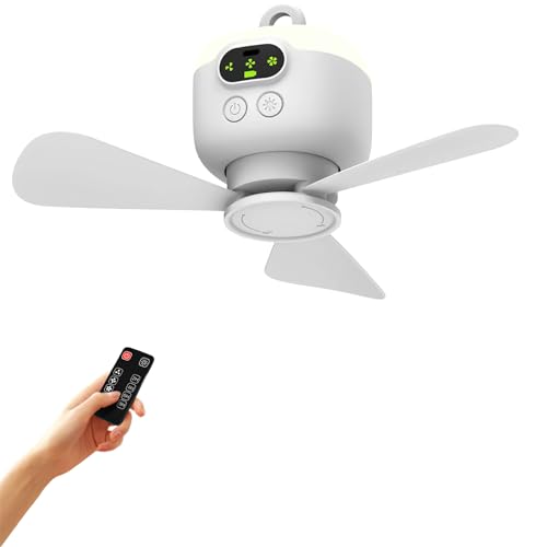 Campingventilator mit LED-Laterne, LED-Deckenventilator mit Beleuchtung und Fernbedienung, wiederaufladbar über USB, 3 Geschwindigkeitsstufen, für Camping, Angeln, Wandern (A) von Oamger