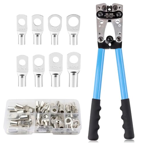 Crimpzange Kabelschuhe, Batterie Kabel Crimping Tool Kit Kabelschuhe 6-50mm², für schwere Kabelschuhe, mit 60PCS terminals, für verschiedene Kabelquerschnitte Hochwertige verzinnte von Oamger