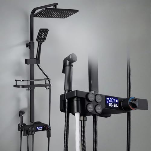 Duschsystem mit Thermostat, Duscharmatur Komplettset mit 3 Funktion Handbrause et Quadratische Regendusche, LED-Display, Duschset mit Armatur et Regal (Schwarz) von Oamger