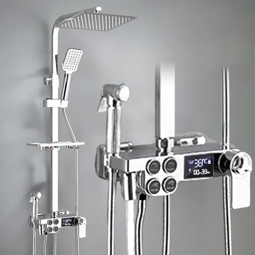 Duschsystem mit Thermostat, Duscharmatur Komplettset mit 3 Funktion Handbrause et Quadratische Regendusche, LED-Display, Duschset mit Armatur et Regal (Silber) von Oamger