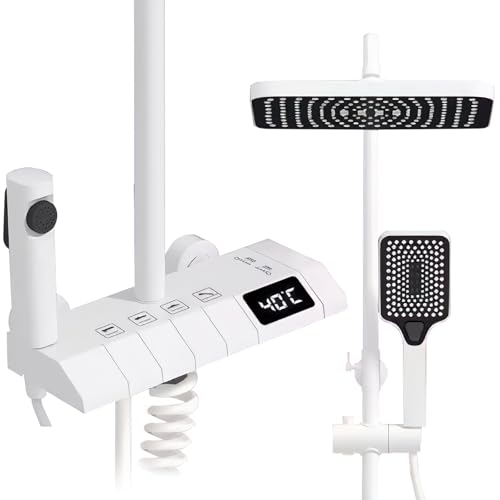 Duschsystem mit Thermostat, Quadratische Kopfbrause, 3 Strahlarten Duschkopf, Höhenverstellbar, mit LED-Digitalanzeige, Wandmontage, Regendusche mit Armatur, Duschset (C-Weiß) von Oamger