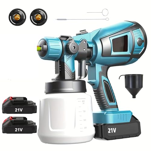 Elektrische Lackierpistole 200 W mit 2 x 21 V Batterien 38000PRM 1000 ml HVLP Pistole mit 2 Düsen 3 Mustern, einstellbarer Fluss, ideal für Möbel, Türen, Zäune und Wände von Oamger