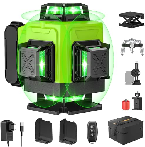Kreuzlinienlaser Grün 4 x 360 °, Laser Wasserwaage mit Selbstnivellierung, vertikale und horizontale Linie, 360 Grad drehbar, Fernbedienung, Magnetfuß und 2× 4800mAh Akku (Ohne Stativ (B)) von Oamger