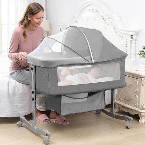 Oamger 3-in-1 Beistellbett für Babys, Tragbare Krippe mit Rädern, Krippe mit Moskitonetz und Matratze für Säuglinge/Neugeborene, 4 Höhenverstellbar, Wippmodus, Zustellbett von Oamger