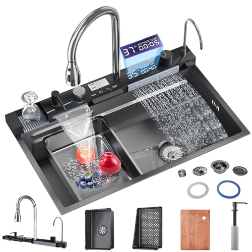 Wasserfall Küchenspüle 75x45cm, Multifunktionale Küchenspüle, mit 360°Drehung Wasserhahn, Tassenwaschanlage, Seifenspender, Wasserfall-Auslauf, LED Anzeige, Warm- und Kaltregelung, Einbauspüle Kitchen von Oamger