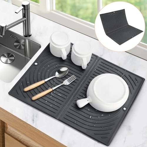 Oamwrae Abtropfmatte Geschirr aus Silikon, Faltbare Geschirrmatte, Hitzebeständig, Rutschfest Dish Drying Mat für die Küche (43 × 34 cm, Schwarz) von Oamwrae