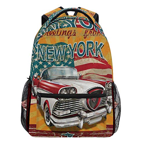 Oarencol American New York Retro Auto USA Rucksack Büchertasche Daypack Reise Schule College Tasche für Damen Herren Mädchen Jungen von Oarencol